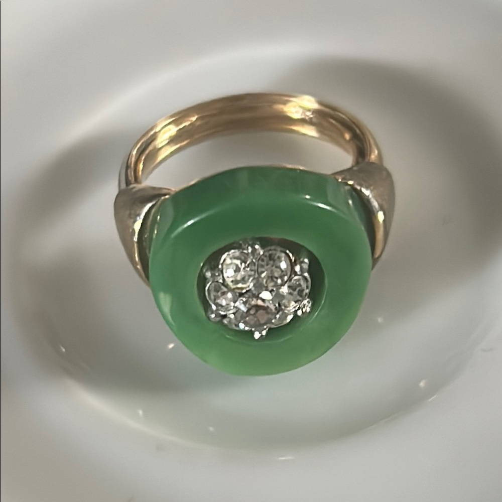 Vintage CROWN TRIFARI Faux Jade & Rhinestone Ring
